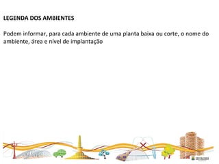 LEGENDA DOS AMBIENTES
Podem informar, para cada ambiente de uma planta baixa ou corte, o nome do
ambiente, área e nível de implantação
 