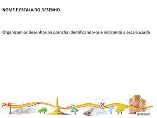 NOME E ESCALA DO DESENHO
Organizam os desenhos na prancha identificando-os e indicando a escala usada
 