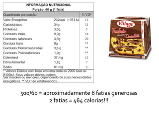 500/60 = aproximadamente 8 fatias generosas
2 fatias = 464 calorias!!!
 