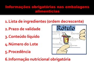 Informações obrigatórias nas embalagens
alimentícias
1.Lista de ingredientes (ordem decrescente)
2.Prazo de validade
3.Conteúdo líquido
4.Número do Lote
5.Procedência
6.Informação nutricional obrigatória
 