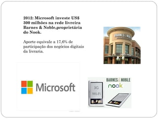 2012: Microsoft investe US$
300 milhões na rede livreira
Barnes & Noble,proprietária
do Nook.

Aporte equivale a 17,6% de
participação dos negócios digitais
da livraria.
 
