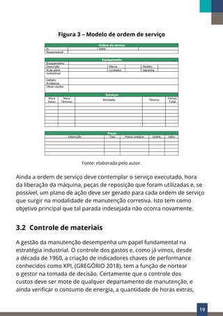 19
Figura 3 – Modelo de ordem de serviço
Fonte: elaborada pelo autor.
Ainda a ordem de serviço deve contemplar o serviço executado, hora
da liberação da máquina, peças de reposição que foram utilizadas e, se
possível, um plano de ação deve ser gerado para cada ordem de serviço
que surgir na modalidade de manutenção corretiva. Isto tem como
objetivo principal que tal parada indesejada não ocorra novamente.
3.2 Controle de materiais
A gestão da manutenção desempenha um papel fundamental na
estratégia industrial. O controle dos gastos e, como já vimos, desde
a década de 1960, a criação de indicadores chaves de performance
conhecidos como KPI, (GREGÓRIO 2018), tem a função de nortear
o gestor na tomada de decisão. Certamente que o controle dos
custos deve ser mote de qualquer departamento de manutenção, e
ainda verificar o consumo de energia, a quantidade de horas extras,
 