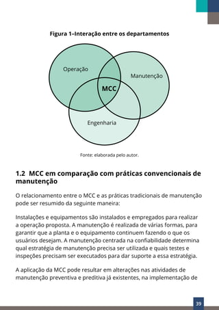 39
Figura 1–Interação entre os departamentos
Fonte: elaborada pelo autor.
1.2 MCC em comparação com práticas convencionais de
manutenção
O relacionamento entre o MCC e as práticas tradicionais de manutenção
pode ser resumido da seguinte maneira:
Instalações e equipamentos são instalados e empregados para realizar
a operação proposta. A manutenção é realizada de várias formas, para
garantir que a planta e o equipamento continuem fazendo o que os
usuários desejam. A manutenção centrada na confiabilidade determina
qual estratégia de manutenção precisa ser utilizada e quais testes e
inspeções precisam ser executados para dar suporte a essa estratégia.
A aplicação da MCC pode resultar em alterações nas atividades de
manutenção preventiva e preditiva já existentes, na implementação de
 