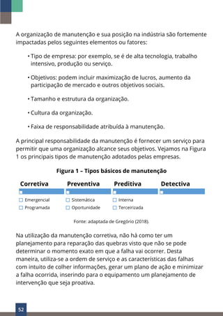52
A organização de manutenção e sua posição na indústria são fortemente
impactadas pelos seguintes elementos ou fatores:
• Tipo de empresa: por exemplo, se é de alta tecnologia, trabalho
intensivo, produção ou serviço.
• Objetivos: podem incluir maximização de lucros, aumento da
participação de mercado e outros objetivos sociais.
• Tamanho e estrutura da organização.
• Cultura da organização.
• Faixa de responsabilidade atribuída à manutenção.
A principal responsabilidade da manutenção é fornecer um serviço para
permitir que uma organização alcance seus objetivos. Vejamos na Figura
1 os principais tipos de manutenção adotados pelas empresas.
Figura 1 – Tipos básicos de manutenção
Fonte: adaptada de Gregório (2018).
Na utilização da manutenção corretiva, não há como ter um
planejamento para reparação das quebras visto que não se pode
determinar o momento exato em que a falha vai ocorrer. Desta
maneira, utiliza-se a ordem de serviço e as características das falhas
com intuito de colher informações, gerar um plano de ação e minimizar
a falha ocorrida, inserindo para o equipamento um planejamento de
intervenção que seja proativa.
 