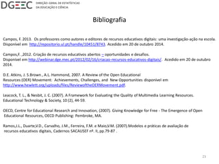 Bibliografia
Campos, F. 2013. Os professores como autores e editores de recursos educativos digitais: uma investigação-ação na escola.
Disponível em http://repositorio.ul.pt/handle/10451/8743. Acedido em 20 de outubro 2014.
Campos,F. ,2012. Criação de recursos educativos abertos – oportunidades e desafios.
Disponível em http://webinar.dge.mec.pt/2012/02/16/criacao-recursos-educativos-digitais/. Acedido em 20 de outubro
2014.
D.E. Atkins, J. S.Brown , A.L. Hammond, 2007. A Review of the Open Educational
Resources (OER) Movement: Achievements, Challenges, and New Opportunities disponível em
http://www.hewlett.org/uploads/files/ReviewoftheOERMovement.pdf.
Leacock, T. L., & Nesbit, J. C. (2007). A Framework for Evaluating the Quality of Multimedia Learning Resources.
Educational Technology & Society, 10 (2), 44-59.
OECD, Centre for Educational Research and Innovation, (2007). Giving Knowledge for Free - The Emergence of Open
Educational Resources, OECD Publishing: Pembroke, MA.
Ramos,J.L., Duarte,V.D., Carvalho, J.M., Ferreira, F.M. e Maio,V.M. (2007).Modelos e práticas de avaliação de
recursos educativos digitais, Cadernos SACAUSEF nº. II, pp.79-87 .
23
 