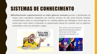 SISTEMAS DE CONHECIMENTO
Conhecimento superestrutural ou sobre gêneros textuais: permite a identificação de
textos como exemplares adequados aos diversos eventos da vida social. Envolve também
conhecimentos sobre as macrocategorias ou unidades globais que distinguem vários tipos de
textos, bem como sobre a ordenação ou sequenciação textual em conexão com os objetivos
pretendidos, como nos exemplos a seguir:
 