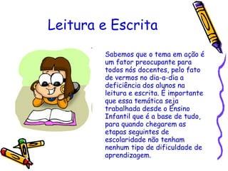 Leitura e Escrita Sabemos que o tema em ação é um fator preocupante para todos nós docentes, pelo fato de vermos no dia-a-dia a deficiência dos alunos na leitura e escrita. É importante que essa temática seja trabalhada desde o Ensino Infantil que é a base de tudo, para quando chegarem as etapas seguintes de escolaridade não tenham nenhum tipo de dificuldade de aprendizagem. 