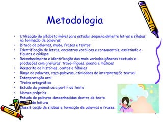 Metodologia Utilização do alfabeto móvel para estudar sequencialmente letras e sílabas na formação de palavras Ditado de palavras, mudo, frases e textos Identificação de letras, encontros vocálicos e consonantais, assistindo a figuras e códigos Reconhecimento e identificação dos mais variados gêneros textuais e produções com gravuras, trava-línguas, poesia e músicas Reescrita de histórias, contos e fábulas Bingo de palavras, caça-palavras, atividades de interpretação textual Interpretação oral Treino ortográfico Estudo da gramática a partir do texto Nomes próprios Estudo de palavras desconhecidas dentro do texto Fichas de leitura Classificação de sílabas e formação de palavras e frases. 