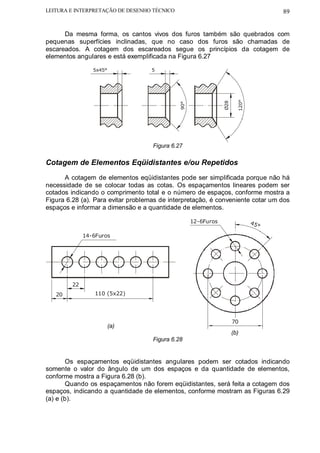 LEITURA E INTERPRETAÇÃO DE DESENHO TÉCNICO                                             89


      Da mesma forma, os cantos vivos dos furos também são quebrados com
pequenas superfícies inclinadas, que no caso dos furos são chamadas de
escareados. A cotagem dos escareados segue os princípios da cotagem de
elementos angulares e está exemplificada na Figura 6.27

                 5x45°              5




                                                                       120°
                                                               Ø28
                                             90°
                                    Figura 6.27

Cotagem de Elementos Eqüidistantes e/ou Repetidos
      A cotagem de elementos eqüidistantes pode ser simplificada porque não há
necessidade de se colocar todas as cotas. Os espaçamentos lineares podem ser
cotados indicando o comprimento total e o número de espaços, conforme mostra a
Figura 6.28 (a). Para evitar problemas de interpretação, é conveniente cotar um dos
espaços e informar a dimensão e a quantidade de elementos.

                                                   12-6Furos                  45
                                                                                   °
              14-6Furos




         22
   20             110 (5x22)




                                                                     70
                         (a)
                                                                     (b)
                                    Figura 6.28


        Os espaçamentos eqüidistantes angulares podem ser cotados indicando
somente o valor do ângulo de um dos espaços e da quantidade de elementos,
conforme mostra a Figura 6.28 (b).
        Quando os espaçamentos não forem eqüidistantes, será feita a cotagem dos
espaços, indicando a quantidade de elementos, conforme mostram as Figuras 6.29
(a) e (b).
 