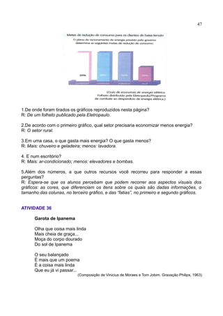 47
1.De onde foram tirados os gráficos reproduzidos nesta página?
R: De um folheto publicado pela Eletropaulo.
2.De acordo com o primeiro gráfico, qual setor precisaria economizar menos energia?
R: O setor rural.
3.Em uma casa, o que gasta mais energia? O que gasta menos?
R: Mais: chuveiro e geladeira; menos: lavadora.
4. E num escritório?
R: Mais: ar-condicionado; menos: elevadores e bombas.
5.Além dos números, a que outros recursos você recorreu para responder a essas
perguntas?
R: Espera-se que os alunos percebam que podem recorrer aos aspectos visuais dos
gráficos: as cores, que diferenciam os itens sobre os quais são dadas informações, o
tamanho das colunas, no terceiro gráfico, e das “fatias”, no primeiro e segundo gráficos.
ATIVIDADE 36
Garota de Ipanema
Olha que coisa mais linda
Mais cheia de graça...
Moça do corpo dourado
Do sol de Ipanema
O seu balançado
É mais que um poema
É a coisa mais linda
Que eu já vi passar...
(Composição de Vinicius de Moraes e Tom Jobim. Gravação Philips, 1963)
 