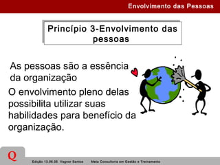 Edição 13.06.05 Vagner Santos Meta Consultoria em Gestão e Treinamento
Q
Princípio 3-Envolvimento das
pessoas
Princípio 3-Envolvimento das
pessoas
As pessoas são a essência
da organização
O envolvimento pleno delas
possibilita utilizar suas
habilidades para benefício da
organização.
Envolvimento das Pessoas
 