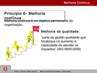 Edição 13.06.05 Vagner Santos Meta Consultoria em Gestão e Treinamento
Q
Princípio 6- Melhoria
contínua
Princípio 6- Melhoria
contínua
Melhoria contínua é um objetivo permanente da
organização.
Melhoria da qualidade:
”parte da gestão qualidade que
focalizava no aumento a
capacidade de atender os
requisitos” (ISO 9000:2000)
Melhoria Contínua
SG
Q
SG
Q
SG
Q
Melhoria
Contínua
 