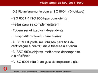 Edição 13.06.05 Vagner Santos Meta Consultoria em Gestão e Treinamento
Q
0.3 Relacionamento com a ISO 9004 (Diretrizes)
•ISO 9001 & ISO 9004-par consistente
•Feitas para se complementarem
•Podem ser utilizadas independente
•Escopo diferente-estrutura similar
•A ISO 9001 pode ser utilizada para fins de
certificação e contratuais e focaliza a eficácia
•A ISSO 9004 objetiva melhorar o desempenho
e a eficiência
•A ISO 9004 não é um guia de implementação
Visão Geral da ISO 9001-2000
 