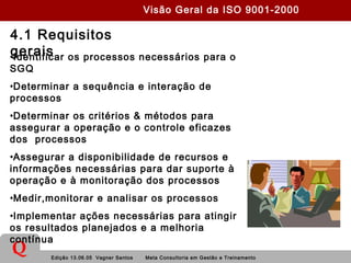 Edição 13.06.05 Vagner Santos Meta Consultoria em Gestão e Treinamento
Q
4.1 Requisitos
gerais•Identificar os processos necessários para o
SGQ
•Determinar a sequência e interação de
processos
•Determinar os critérios & métodos para
assegurar a operação e o controle eficazes
dos processos
•Assegurar a disponibilidade de recursos e
informações necessárias para dar suporte à
operação e à monitoração dos processos
•Medir,monitorar e analisar os processos
•Implementar ações necessárias para atingir
os resultados planejados e a melhoria
contínua
Visão Geral da ISO 9001-2000
 