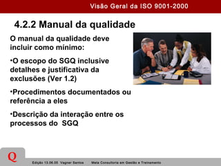 Edição 13.06.05 Vagner Santos Meta Consultoria em Gestão e Treinamento
Q
4.2.2 Manual da qualidade
O manual da qualidade deve
incluir como mínimo:
•O escopo do SGQ inclusive
detalhes e justificativa da
exclusões (Ver 1.2)
•Procedimentos documentados ou
referência a eles
•Descrição da interação entre os
processos do SGQ
Visão Geral da ISO 9001-2000
 
