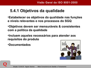 Edição 13.06.05 Vagner Santos Meta Consultoria em Gestão e Treinamento
Q
5.4.1 Objetivos da qualidade
•Estabelecer os objetivos da qualidade nas funções
e níveis relevantes e nos processos do SGQ
•Objetivos devem ser mensuráveis & consistentes
com a política da qualidade
•Incluem aqueles necessários para atender aos
requisitos do produto
•Documentados
Visão Geral da ISO 9001-2000
 