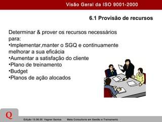 Edição 13.06.05 Vagner Santos Meta Consultoria em Gestão e Treinamento
Q
6.1 Provisão de recursos
Determinar & prover os recursos necessários
para:
•Implementar,manter o SGQ e continuamente
melhorar a sua eficácia
•Aumentar a satisfação do cliente
•Plano de treinamento
•Budget
•Planos de ação alocados
Visão Geral da ISO 9001-2000
 