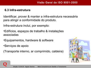 Edição 13.06.05 Vagner Santos Meta Consultoria em Gestão e Treinamento
Q
6.3 Infra-estrutura
Identificar, prover & manter a infra-estrutura necessária
para atingir a conformidade do produto.
Infra-estrutura inclui, por exemplo:
•Edifícios, espaços de trabalho & instalações
associadas
•Equipamentos, hardware & software
•Serviços de apoio
(Transporte interno, ar comprimido, caldeira)
Visão Geral da ISO 9001-2000
 