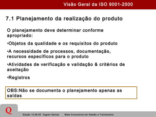 Edição 13.06.05 Vagner Santos Meta Consultoria em Gestão e Treinamento
Q
7.1 Planejamento da realização do produto
O planejamento deve determinar conforme
apropriado:
•Objetos da qualidade e os requisitos do produto
•A necessidade de processos, documentação,
recursos específicos para o produto
•Atividades de verificação e validação & critérios de
aceitação
•Registros
OBS:Não se documenta o planejamento apenas as
saídas
Visão Geral da ISO 9001-2000
 