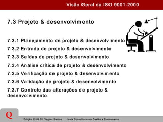 Edição 13.06.05 Vagner Santos Meta Consultoria em Gestão e Treinamento
Q
7.3 Projeto & desenvolvimento
7.3.1 Planejamento de projeto & desenvolvimento
7.3.2 Entrada de projeto & desenvolvimento
7.3.3 Saídas de projeto & desenvolvimento
7.3.4 Análise crítica de projeto & desenvolvimento
7.3.5 Verificação de projeto & desenvolvimento
7.3.6 Validação de projeto & desenvolvimento
7.3.7 Controle das alterações de projeto &
desenvolvimento
Visão Geral da ISO 9001-2000
 