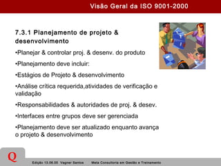 Edição 13.06.05 Vagner Santos Meta Consultoria em Gestão e Treinamento
Q
7.3.1 Planejamento de projeto &
desenvolvimento
•Planejar & controlar proj. & desenv. do produto
•Planejamento deve incluir:
•Estágios de Projeto & desenvolvimento
•Análise crítica requerida,atividades de verificação e
validação
•Responsabilidades & autoridades de proj. & desev.
•Interfaces entre grupos deve ser gerenciada
•Planejamento deve ser atualizado enquanto avança
o projeto & desenvolvimento
Visão Geral da ISO 9001-2000
 