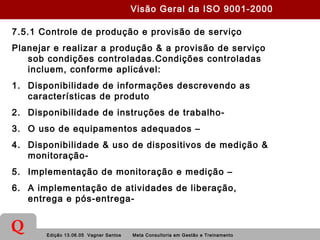 Edição 13.06.05 Vagner Santos Meta Consultoria em Gestão e Treinamento
Q
7.5.1 Controle de produção e provisão de serviço
Planejar e realizar a produção & a provisão de serviço
sob condições controladas.Condições controladas
incluem, conforme aplicável:
1. Disponibilidade de informações descrevendo as
características de produto
2. Disponibilidade de instruções de trabalho-
3. O uso de equipamentos adequados –
4. Disponibilidade & uso de dispositivos de medição &
monitoração-
5. Implementação de monitoração e medição –
6. A implementação de atividades de liberação,
entrega e pós-entrega-
Visão Geral da ISO 9001-2000
 