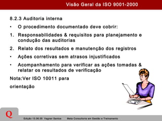 Edição 13.06.05 Vagner Santos Meta Consultoria em Gestão e Treinamento
Q
8.2.3 Auditoria interna
• O procedimento documentado deve cobrir:
1. Responsabilidades & requisitos para planejamento e
condução das auditorias
2. Relato dos resultados e manutenção dos registros
• Ações corretivas sem atrasos injustificados
• Acompanhamento para verificar as ações tomadas &
relatar os resultados de verificação
Nota:Ver ISO 10011 para
orientação
Visão Geral da ISO 9001-2000
 