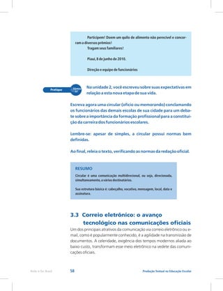 58 Produção Textual na Educação Escolar
Rede e-Tec Brasil
Participem! Doem um quilo de alimento não perecível e concor-
ram a diversos prêmios!
Tragam seus familiares!
Piauí,8 de junho de 2010.
Direção e equipe de funcionários
Na unidade 2, você escreveu sobre suas expectativas em
relação a esta nova etapa de sua vida.
Escreva agora uma circular (ofício ou memorando) conclamando
os funcionários das demais escolas de sua cidade para um deba-
te sobre a importância da formação profissional para a constitui-
ção da carreira dos funcionários escolares.
Lembre-se: apesar de simples, a circular possui normas bem
definidas.
Ao final, releia o texto, verificando as normas da redação oficial.
Circular é uma comunicação multidirecional, ou seja, direcionada,
simultaneamente,a vários destinatários.
Sua estrutura básica é: cabeçalho, vocativo, mensagem, local, data e
assinatura.
RESUMO
3.3 Correio eletrônico: o avanço
tecnológico nas comunicações oficiais
Um dos principais atrativos da comunicação via correio eletrônico ou e-
mail, como é popularmente conhecido, é a agilidade na transmissão de
documentos. A celeridade, exigência dos tempos modernos aliada ao
baixo custo, transformam esse meio eletrônico na vedete das comuni-
cações oficiais.
 