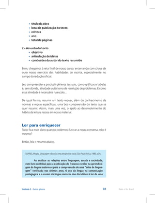81 Rede e-Tec Brasil
Unidade 5 - Outros gêneros
•
•
•
•
•
•
•
•
local de publicação do texto
editora
ano
total de páginas
2 – Assunto do texto
objetivo
articulação de ideias
conclusões do autor do texto resumido
Bem, chegamos à reta final de nosso curso, encerrando com chave de
ouro nosso exercício das habilidades de escrita, especialmente no
campo da redação oficial.
Ler, compreender e produzir gêneros textuais, como gráficos e tabelas
é, sem dúvida, atividade autônoma de resolução de problemas. E como
essa atividade é necessária na escola...
De igual forma, resumir um texto requer, além do conhecimento de
normas e regras específicas, uma boa compreensão do texto que se
quer resumir. Assim, mais uma vez, o apelo ao desenvolvimento do
hábito da leitura ressoa em nosso material.
Tudo fica mais claro quando podemos ilustrar a nossa conversa, não é
mesmo?
Então, leia o resumo abaixo.
título da obra
Ler para enriquecer
SOARES,Magda.LinguagemeEscola:umaperspectivasocial.SãoPaulo:Ática,1986.p.95.
Ao analisar as relações entre linguagem, escola e sociedade,
este livro contribui para a explicação do fracasso escolar na aprendiza-
gem da língua materna e para a compreensão de uma “crise de lingua-
gem” verificada nos últimos anos. O uso da língua na comunicação
pedagógica e o ensino da língua materna são discutidos à luz de uma
 