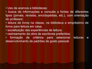 • Uso de acervos e bibliotecas:
• busca de informações e consulta a fontes de diferentes
tipos (jornais, revistas, enciclopédias, etc.), com orientação
do professor;
• leitura de livros na classe, na biblioteca e empréstimo de
livros para leitura em casa;
• socialização das experiências de leitura;
• rastreamento da obra de escritores preferidos;
• formação de critérios para selecionar leituras e
desenvolvimento de padrões de gosto pessoal.

 