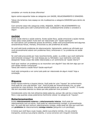 completar um monte de áreas diferentes!
Agora vamos esquentar todas as categorias com SAÚDE, RELACIONAMENTO E DINHEIRO.
Talvez nós teríamos mais espaço se nós mudássemos a categoria DINHEIRO para dentro de
RIQUEZA.
Com somente estas três categorias então, RIQUEZA, SAÚDE e RELACIONAMENTO nos
estaremos aptos para cobrir praticamente tudo. Cuidadosamente analise e considere a
seguir:
SAÚDE
Existe saúde interna e saúde externa. Existe saúde física, saúde emocional e saúde mental.
Todas estas coisas podem muito bem ser relacionada com "saúde espiritual".
Se você estiver com problemas graves de dinheiro, então você provavelmente terá algumas
características físicas, mentais, emocionais ou até problemas de saúde.
Se você está tendo problemas de relacionamento, logicamente, poderia ser afirmado que
você provavelmente estará com problemas físico, emocionais e / ou problemas de saúde
mental.
Se você está procurando por mais reconhecimento, poder, ou então o que você realmente
está tentando conseguir? Se você deseja paz ou felicidade o que realmente você está
desejando? Essas coisas não estão relacionadas a um sentimento de "saúde interna"?
Você quer resolver um problema ou se reconciliar com alguém? Isso não tem algo que ver
com saúde mental e emocional?
Talvez até mesmo a saúde física? Saúde espiritual?
Você está começando a ver como tudo pode ser relacionado de algum modo? Veja a
conotação.
Riqueza
Existe riqueza externa e riqueza interna. Você pode ter uma "riqueza" de conhecimento.
Você pode ter uma vida familiar "rica". Você já pode ser financeiramente rico, ou estar
querendo ter mais dinheiro. Sua atitude pessoal poderia ser seu grande "trunfo". O mundo
não tem escondido talentos ou ideias que eles poderiam tirar proveito?
Considerando como nós mal utilizamos desta palavras, porque não usá-los a nosso favor?
Pare e veja quantas coisas poderíamos facilmente colocar na categoria de "riqueza".
Relacionamentos
Existe relacionamento externo e relacionamento interno. Você pode ter
relacionamento com os outros. Você pode ter relacionamento consigo, e provavelmente
tem. Se você não tem nenhum relacionamento consigo, então pode ser dito que você tem
um problema de relacionamento consigo mesmo (pergunte a um psicólogo).
A menos que você faça a suas roupas, plante sua própria comida, crie seu próprio
transporte, construa sua própria coberta, e nunca converse com ninguém incluindo
 