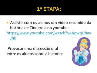  Assistir com os alunos um vídeo resumido da
história de Cinderela no youtube:
https://www.youtube.com/watch?v=ApwqUbav
Jhk
Provocar uma discussão oral
entre os alunos sobre a história:
 