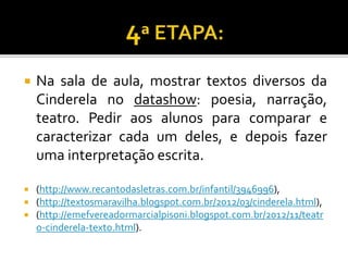  Na sala de aula, mostrar textos diversos da
Cinderela no datashow: poesia, narração,
teatro. Pedir aos alunos para comparar e
caracterizar cada um deles, e depois fazer
uma interpretação escrita.
 (http://www.recantodasletras.com.br/infantil/3946996),
 (http://textosmaravilha.blogspot.com.br/2012/03/cinderela.html),
 (http://emefvereadormarcialpisoni.blogspot.com.br/2012/11/teatr
o-cinderela-texto.html).
 