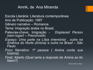 Amrik, de Ana Miranda

Escola Literária: Literatura contemporânea
Ano de Publicação: 1997
Gênero narrativo – Romance.
Tema: Imigração árabe no Brasil.
Palavras-chave: Imigração - Displaced Person
 (sem lugar) – Preconceito.
Espaço: Uma parte na Líbia (memória) , outra na
 América do Norte (Amina) e outra no Brasil – São
 Paulo
Foco Narrativo: 1ª pessoa ( Amina conta sua
 história)
Final: Aberto (Qual seria a resposta de Amina ao tio
 Naim?)
                                          Maria Cristina A. Biagio
 