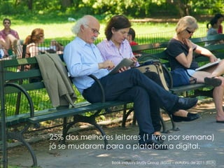 25% dos melhores leitores (1 livro por semana)
já se mudaram para a plataforma digital.

                 Book Industry Study Group (BISG) – outubro de 2011 (EUA)
 