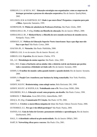 10
GDIKIAN, E.A. & SILVA, M.C. Educação estratégica nas organizações: como as empresas de
destaque gerenciam o processo de educação corporativa. Rio de Janeiro: QualityMark,
2002.
GELLMAN, R.M. & HARTMAN, M.T. Onde é que mora Deus? Perguntas e respostas para pais
e filhos. Aparecida: Santuário, 1995.
GEHRINGER, M. Pílulas de sabedoria da Professora Etelvina. São Paulo: Globo, 2009.
GHIRALDELLI JR., P. (Org.) Estilos em filosofia da educação. Rio de Janeiro: DP&A, 2000.
GHIRALDELLI JR., P. Richard Rorty: a filosofia do novo mundo em busca de mundos novos.
Pertópolis: Vozes, 1999.
GHISOLFI, J.C. Políticas de Educação Superior Norte-Americanas: faça o que digo mas não
faça o que faço? São Paulo: Cortez, 2004.
GIACOIA JR., O. Nietzsche. São Paulo: Publifolha, 2000.
GIBRAN, G.K. A voz do mestre. Rio de Janeiro: Record, s/d.
GIBRAN, G.K. O profeta. Rio de Janeiro: Chalita, 1974.
GIL, A.C. Metodologia do ensino superior. São Paulo: Atlas, 2005.
GILL, M.G. Como a Starbucks salvou minha vida: a história real de um homem que perdeu
tudo e encontrou a felicidade servindo café. Rio de Janeiro: Sextante, 2008.
GODIN, S. O melhor do mundo: saiba quando insistir e quando desistir. Rio de Janeiro: Sextante,
2008.
GODIN, S. Purple Cow: transform your business by being remarkable. New York: Portfolio,
2003.
GODOY, M.H.P.C. Brainstorming: como atingir metas. Belo Horizonte: DG, 1998.
GODOY, M.H.P.C. & MATOS, K.K. Trabalhando com o 5S. Nova Lima: INDG, 2004.
GOLDBERG, M.A.A. Educação sexual: uma proposta, um desafio. São Paulo: Cortez, 1988.
GORMAN, T. Motivation. Avon (MA-USA): AdamsMedia, 2007.
GRAÇA, M. (Org.) Comunicação IN Criação. São Paulo: LCTE, 2006.
GRECO, A. Cérebro: a maravilhosa máquina de viver. São Paulo: Editora Terceiro Nome, 2006.
GUTIERREZ, G.L. Por que é tão difícil participar? São Paulo: Paulus, 2004.
HAINES, S.G. Guia de bolso do Gerente: pensamento sistêmico e aprendizagem. Rio de Janeiro:
Qualitymark, 2002.
HALL, S. A identidade cultural na pós-modernidade. Rio de Janeiro: DP&A, 2003.
HART, R. Networking eficaz para o sucesso. São Paulo: Clio, 2001.
 