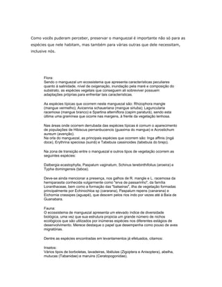 Como vocês puderam perceber, preservar o manguezal é importante não só para as
espécies que nele habitam, mas também para várias outras que dele necessitam,
inclusive nós.




       Flora:
       Sendo o manguezal um ecossistema que apresenta características peculiares
       quanto à salinidade, nível de oxigenação, inundação pela maré e composição do
       substrato, as espécies vegetais que conseguem ali sobreviver possuem
       adaptações próprias para enfrentar tais características.

       As espécies típicas que ocorrem neste manguezal são: Rhizophora mangle
       (mangue vermelho); Avicennia schaueriana (mangue siriuba); Laguncularia
       racemosa (mangue branco) e Spartina alterniflora (capim paraturá), sendo esta
       última uma gramínea que ocorre nas margens, à frente da vegetação lenhosa.

       Nas áreas onde ocorrem derrubada das espécies típicas é comum o aparecimento
       de populações de Hibiscus pernanbucencis (guaxima do mangue) e Acrostichum
       aureum (avenção).
       Na orla do manguezal, as principais espécies que ocorrem são: Inga affinis (ingá
       doce), Erythrina speciosa (suinã) e Tabebuia cassinoides (tabebuia do brejo).

       Na zona de transição entre o manguezal e outros tipos de vegetação ocorrem as
       seguintes espécies:

       Dalbergia ecastophylla, Paspalum vaginatum, Schinus terebinthifolius (aroeira) e
       Typha domingensis (taboa).

       Deve-se ainda mencionar a presença, nos galhos de R. mangle e L. racemosa da
       hemiparasita conhecida vulgarmente como "erva de passarinho", da família
       Loranthaceae, bem como a formação das "balseiras", ilha de vegetação formadas
       principalmente por Echinochloa sp (cararana), Paspalum repens (canarana) e
       Eichornia crassipes (aguapé), que descem pelos rios indo por vezes até à Baía de
       Guanabara.

       Fauna:
       O ecossistema de manguezal apresenta um elevado índice de diversidade
       biológica, uma vez que sua estrutura propicia um grande número de nichos
       ecológicos que são utilizados por inúmeras espécies nos diferentes estágios de
       desenvolvimento. Merece destaque o papel que desempenha como pouso de aves
       migratórias.

       Dentre as espécies encontradas em levantamentos já efetuados, citamos:

       Insetos:
       Vários tipos de borboletas, lavadeiras, libélulas (Zigoptera e Anisoptera), abelha,
       mutucas (Tabanidae) e maruins (Ceratopogonidae).
 