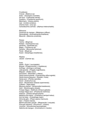 Crustáceos:
Cracas - (Balanus sp).
Aratu - (Goniopsis cruentata).
Siri-azul - (Callinectes danae).
Guaiamu - (Cardisoma guanhumi).
Marinheiro - (Aratus pisonii).
Uçá - (Ucides cordatus).
Chama-maré - (Uca sp).
Camarãozinho-canhoto - (Alpheus heterochaelis).

Moluscos:
Caramujo do mangue - (Melampus coffeus).
Samanguaiá - (Anomalocardia brasiliana).
Macoma - (Macoma constricta).

Peixes:
Tainha - (Mugil sp).
Robalo - (Centropomus sp).
Sardinha - (Sardinella sp).
Bagre - (Tachisurus sp).
Savelha - (Brevoortia tyrannus).
Parati - (Mugil sp).
Acará - (Geophagus brasiliensis).

Répteis:
Jacaré - (Caiman sp).

Aves:
Atobá - (Sula I. Leucogaster).
Binguá - (Phalacrocorax b. brasilianus).
Anhinga - (Anhinga a anhinga).
João-grande - (Fregata magnificens).
Maguari - (Ardea cocoi).
Socozinho - (Butorides s. stiatus).
Garça branca grande - (Casmerodius albus egreta).
Garça branca pequena - (Egretta t. thula).
Garça azul - (Florida caerulea).
Socoí - (Ixobrychus sp).
Socó - (Nyctanassa violacea cayennensis).
Colheiro - (Ajaia ajaia).
Marreca anamaí - (Amazonetta brasiliensís).
Irerê - (Dendrocygna viduata).
Frango d'água - (Gallinula chlropus galeata).
Frango d'água azul - (Porphyrula martinica).
Piaçoca - (Jacana spinosa jacana).
Maçarico-de-coleira - (Charadrius semipal matus).
Anu do brejo - (Crotophaga major).
Alma-de-gato - (Piaya cayana macroura).
Saci - (Tapera naevia).
Martim-pescador grande - (Megaceryle t. torquata).
Pica-pau pequeno - (Picumnus c. cirratus).
Viuvinha - (Arundinicola leococephala).
Sebinho-do-mangue - (Conirostrum b. bicolor).
 