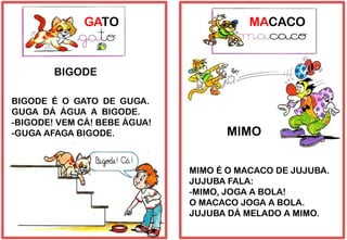 GATO
BIGODE
BIGODE É O GATO DE GUGA.
GUGA DÁ ÁGUA A BIGODE.
-BIGODE! VEM CÁ! BEBE ÁGUA!
-GUGA AFAGA BIGODE.
MACACO
MIMO
MIMO É O MACACO DE JUJUBA.
JUJUBA FALA:
-MIMO, JOGA A BOLA!
O MACACO JOGA A BOLA.
JUJUBA DÁ MELADO A MIMO.
 
