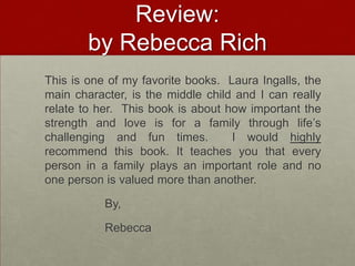 “Little House On The Prairie”Dealing with strangers, native Americans, panthers, and wolvesThe Ingalls move away from everything they have and know to start a new beginning.Building a new house, planting crops, and dealing even more with the Native Americans.Jack their dog gets left behind on the shore.Late 1870’sKansas PrairieThey are traveling from WI to KS to find a new home.After building a house, planting a garden, and getting used to things they move, again, because they were on Native land. They end up going east to Missouri.