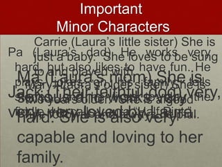 Important Minor CharactersCarrie (Laura’s little sister) She is just a baby.  She loves to be sung to and played with.Pa (Laura’s dad) He works very hard, but also likes to have fun. He plays jokes on his family, tells stories, and he likes to play the fiddle. He calls Laura “Half Pint.”Ma (Laura’s mom) She is serious and works very hard. She is also very capable and loving to her family.Mary (Laura’s older sister) She is two years older.  She is a good rule follower and always helpful.Jack (Their faithful dog) very, very, very loved by Laura.