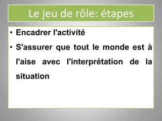 Le jeu de rôle: étapes
• Encadrer l'activité
• S'assurer que tout le monde est à
l'aise avec l'interprétation de la
situation
 