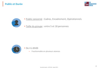 Tout droit réservé - CIPE 2015 - www.CIPE.fr
2
Public et Durée
• Public concerné : Cadres, Encadrement, Opérationnels
• Taille du groupe : entre 5 et 18 personnes
• De 4 à 8h00
– Fractionnable en plusieurs séances
 
