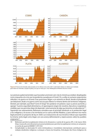 Eduardo Gudynas
26
Las posturas gubernamentales que buscaban promover aún más la minería ya estaban desplegadas
como respuesta a la crisis por la pandemia causada por el Covid-19, y a ellas se sumaron argumentos
referidos a la guerra en Ucrania. Esas posiciones llegan a un extremo en Brasil, donde el presidente
Jair Bolsonaro alude a la guerra como excusa para liberar la minería dentro de territorios indígenas.
Declaró, por ejemplo, que Brasil“corre el riesgo”de quedarse sin potasio o que su precio aumente, y
agregó: “nuestra seguridad alimentaria y el agronegocio exigen de nosotros, Ejecutivo y Legislativo,
medidas que nos permitan dejar de depender externamente de algo que tenemos en abundancia”14
.
Siguiendo ese razonamiento, Bolsonaro considera que el principal obstáculo es la protección legal
a los indígenas y el acceso a los territorios en la cuenca del Río Madeira, y para reformar ese marco
legal presentó un proyecto de ley en 2020. Las evaluaciones de esa iniciativa indican que expandirá
la minería, tanto legal como ilegal, con una severa deforestación y repercusiones sobre los pueblos
originarios15
.
14 Bolsonaro permite la explotación minera en la Amazonía a cuenta de la guerra, EFE, 2 de marzo 2022,
https://www.efe.com/efe/america/economia/bolsonaro-permite-la-explotacion-minera-en-amazonia-
a-cuenta-de-guerra/20000011-4751552
15 Complicidade na destruição IV: como minheradoras e investidores internacionais contribuem para a
violação dosdireitos indígenas e ameaçan a futuro da Amazônia, Articulação dos Povos Indígenas do
Figura 8. Precios de minerales seleccionados en los últimos cinco años (2017 a abril 2022). Valores en dólares por tonelada
para todos los minerales, excepto la plata y oro que se indica por onza. Redibujado de Markets Business Insider.
 