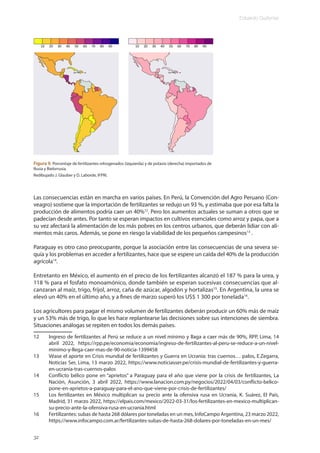 Eduardo Gudynas
32
Las consecuencias están en marcha en varios países. En Perú, la Convención del Agro Peruano (Con-
veagro) sostiene que la importación de fertilizantes se redujo un 93 %, y estimaba que por esa falta la
producción de alimentos podría caer un 40%12
. Pero los aumentos actuales se suman a otros que se
padecían desde antes. Por tanto se esperan impactos en cultivos esenciales como arroz y papa, que a
su vez afectará la alimentación de los más pobres en los centros urbanos, que deberán lidiar con ali-
mentos más caros. Además, se pone en riesgo la viabilidad de los pequeños campesinos13
.
Paraguay es otro caso preocupante, porque la asociación entre las consecuencias de una severa se-
quía y los problemas en acceder a fertilizantes, hace que se espere un caída del 40% de la producción
agrícola14
.
Entretanto en México, el aumento en el precio de los fertilizantes alcanzó el 187 % para la urea, y
118 % para el fosfato monoamónico, donde también se esperan sucesivas consecuencias que al-
canzaran al maíz, trigo, frijol, arroz, caña de azúcar, algodón y hortalizas15
. En Argentina, la urea se
elevó un 40% en el último año, y a fines de marzo superó los US$ 1 300 por tonelada16
.
Los agricultores para pagar el mismo volumen de fertilizantes deberán producir un 60% más de maíz
y un 53% más de trigo, lo que les hace replantearse las decisiones sobre sus intenciones de siembra.
Situaciones análogas se repiten en todos los demás países.
12 Ingreso de fertilizantes al Perú se reduce a un nivel mínimo y llaga a caer más de 90%, RPP, Lima, 14
abril 2022, https://rpp.pe/economia/economia/ingreso-de-fertilizantes-al-peru-se-reduce-a-un-nivel-
minimo-y-llega-caer-mas-de-90-noticia-1399458
13 Véase el aporte en Crisis mundial de fertilizantes y Guerra en Ucrania: tras cuernos… palos, E.Zegarra,
Noticias Ser, Lima, 13 marzo 2022, https://www.noticiasser.pe/crisis-mundial-de-fertilizantes-y-guerra-
en-ucrania-tras-cuernos-palos
14 Conflicto bélico pone en “aprietos” a Paraguay para el año que viene por la crisis de fertilizantes, La
Nación, Asunción, 3 abril 2022, https://www.lanacion.com.py/negocios/2022/04/03/conflicto-belico-
pone-en-aprietos-a-paraguay-para-el-ano-que-viene-por-crisis-de-fertilizantes/
15 Los fertilizantes en México multiplican su precio ante la ofensiva rusa en Ucrania, K. Suárez, El País,
Madrid, 31 marzo 2022, https://elpais.com/mexico/2022-03-31/los-fertilizantes-en-mexico-multiplican-
su-precio-ante-la-ofensiva-rusa-en-ucrania.html
16 Fertilizantes: subas de hasta 268 dólares por toneladas en un mes, InfoCampo Argentina, 23 marzo 2022,
https://www.infocampo.com.ar/fertilizantes-subas-de-hasta-268-dolares-por-toneladas-en-un-mes/
Figura 9. Porcentaje de fertilizantes nitrogenados (izquierda) y de potasio (derecha) importados de
Rusia y Bielorrusia.
Redibujado J. Glauber y D. Laborde, IFPRI.
 