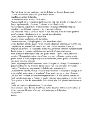 Elle était à son bureau, studieuse, en train de faire ses devoirs. Laura, quoi.
⁃ Salut, dit-elle sans relever les yeux de son travail.
Décidément, c'était de famille.
Laura était une sœur bizarre. Particulière.
Physiquement, on se ressemblait pas beaucoup. Elle était grande, avec des cheveux
foncés, épais et raides, alors que j'étais une petite blonde frisée.
Mais notre père anglais nous avait donné nos seules ressemblances : la peau
blanchâtre, les tâches de rousseur et les yeux verts brillants.
Elle consacrait toute sa vie à ses études et était brillante. Nous n'avions que trois
ans d'écart mais c'était comme si on en avait au moins cinq.
Quand j'apprenais à parler, elle travaillait.
Quand je jouais aux barbies, elle travaillait.
Et maintenant que j'étais plus grande, elle travaillait toujours.
C'était d'ailleurs comme ça que j'avais réussi à attirer son attention. J'avais très vite
compris que les jouets c'était pas son truc, tout comme les conneries ou les
complots de groupe. J'ai longtemps, étant petite, attiré son attention en l'emmerdant
du mieux que je pouvais, mais j'ai surtout réussi à m'attirer ses foudres.
Alors je m'étais intéressée au seul truc qu'elle aimait : l'école. Enfin, le travail
scolaire. Elle acceptait toujours de m'aider, non sans rechigner, mais je savais
qu'elle aimait m'expliquer parce qu'elle ne me laissait jamais quitter sa chambre
sans avoir bien tout compris.
J'avais toujours prétendu le contraire, mais c'était grâce à elle que j'étais si douée et
que j'avais toujours été première de ma classe. Non sans son lot de problèmes,
comme s'être du coup toujours attirée la haine des autres enfants.
Laura était très secrète, mais je savais qu'elle aussi avait la vie dure au collège. Elle
ne se confiait jamais, mais je sentais qu'elle en avait gros sur le cœur elle aussi.
Oui, elle était vraiment bizarre comme grande sœur. On était pas très proches au
final, mais je savais que je l'aimais et qu'elle m'aimait aussi, m'aime si on était trop
fières pour se le dire. Et même si elle était chiante, elle était plutôt chouette comme
sœur.
Et elle me prouverait plus tard que j'avais raison.
Mais revenons à nos devoirs. Un DM de maths, des exos de français et un texte à
lire en espagnol. De quoi m'occuper une bonne partie de la soirée.
Pour demain.
Youpi.
 