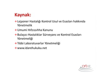 Kaynak:
Lejyoner Hastalığı Kontrol Usul ve Esasları hakkında
Yönetmelik
Umumi Hıfzıssıhha Kanunu
Bulaşıcı Hastalıklar Sürveyans ve Kontrol Esasları
Yönetmeliği
Tıbbi Laboratuvarlar Yönetmeliği
www.idarehukuku.net
 
