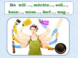 Sie will ..., möchte..., soll...,
kann..., muss..., darf..., mag...
 