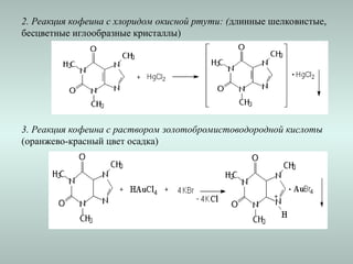 3. Реакция кофеина с раствором золотобромистоводородной кислоты
(оранжево-красный цвет осадка)
2. Реакция кофеина с хлоридом окисной ртути: (длинные шелковистые,
бесцветные иглообразные кристаллы)
 