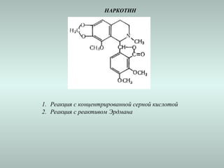 НАРКОТИН
1. Реакция с концентрированной серной кислотой
2. Реакция с реактивом Эрдмана
 